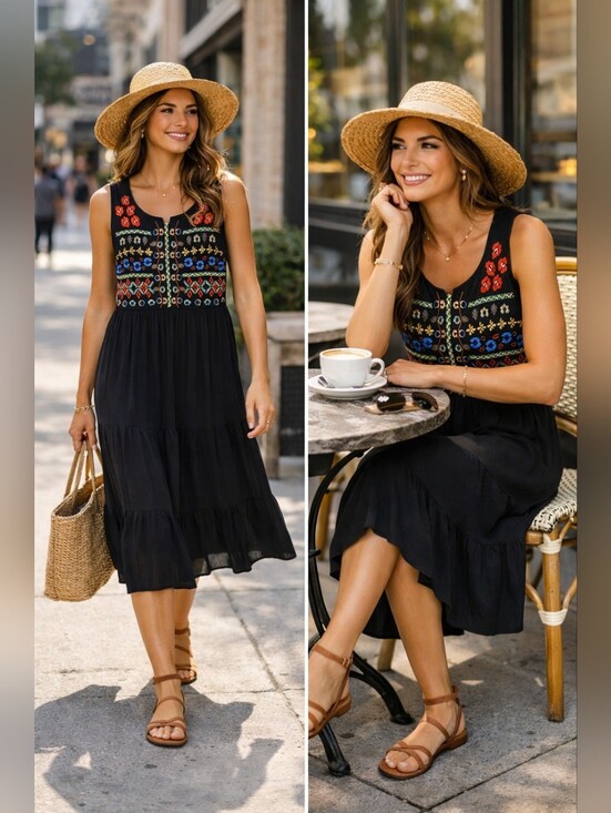 Design History Dresses & Skirts - Design History Women's Stretch Rayon Midi Dress Pull On Embroidery Tiered Large
